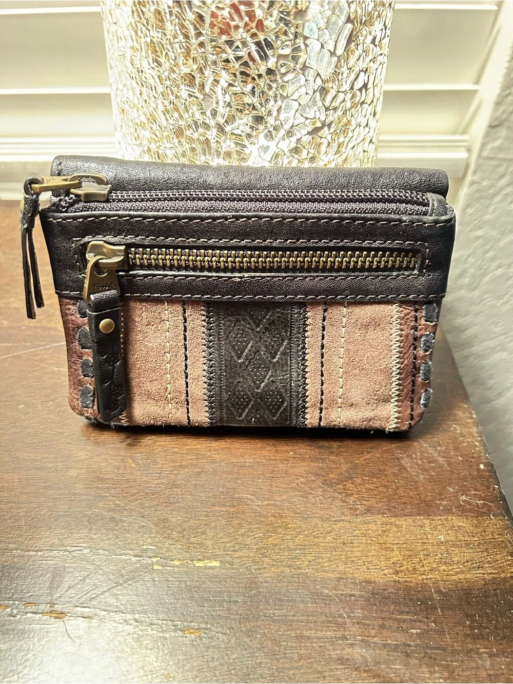 Fossil Brown and Black Suede Zip Wallet
